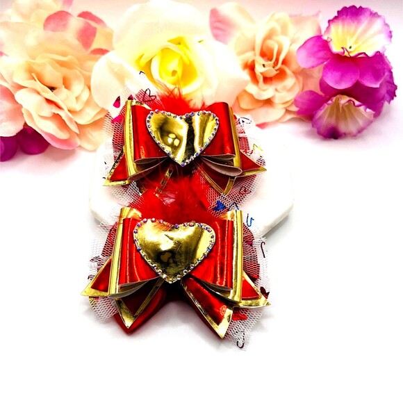 Heart Pigtail Hair Bow Clips Set for Girl Handmade - Picture 6 of 7